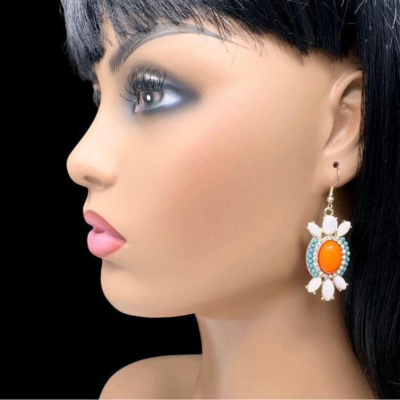 🌼 Abstract Orange Blue White Dangle Earrings - Picture 3 of 3